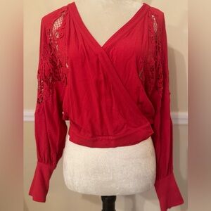 Free People Red Boho Lace Sleeve Wrap Crop Blouse – Size S ❤️✨
